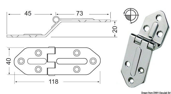 Cerniera inox sporgente 118x40 mm