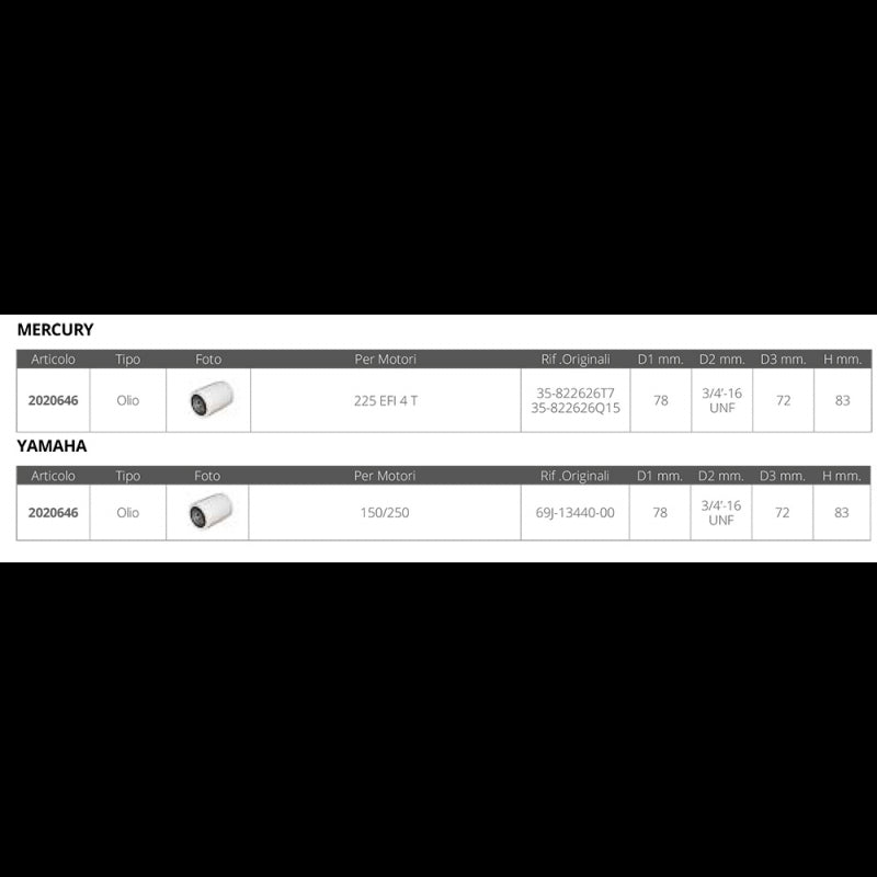 FILTRO OLIO MERCURY YAMAHA - 2020646 - FORNITURE NAUTICHE ITALIANE