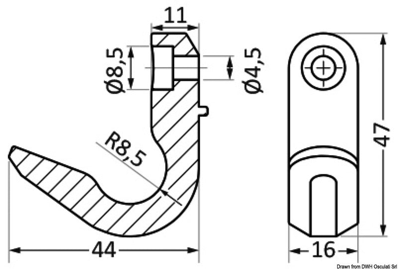 Gancio inox ad alta resistenza 47x16x44 mm