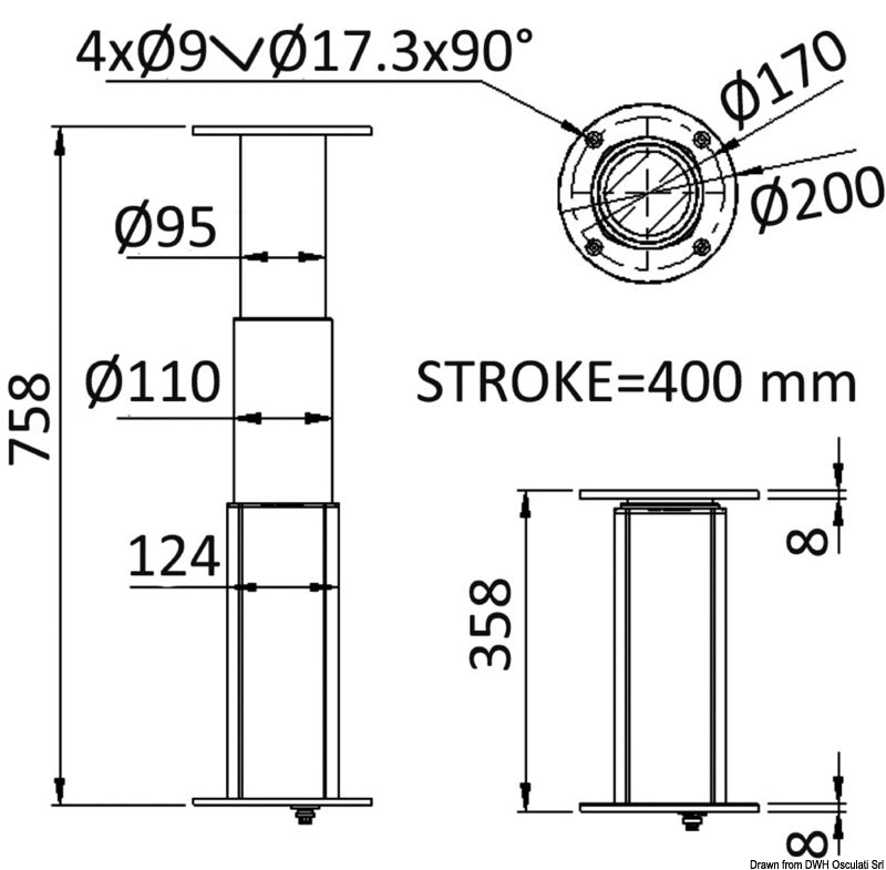 Gamba tavolo tri-telescopica rotonda 12V allum