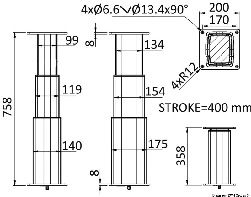 Gamba tavolo tri-telescopica rettangolare 24V all